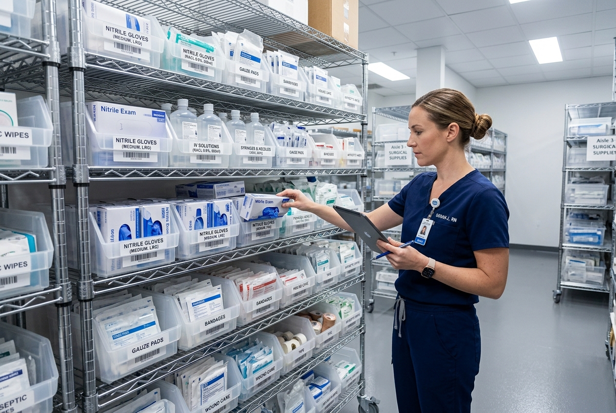 IPAC lead auditing labeled clinical supply shelves