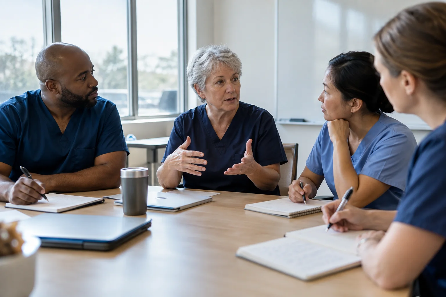 A small group of healthcare professionals sharing ideas and taking notes during a learning session